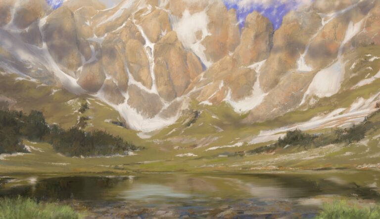 A painting of a lake on the foot of a mountain