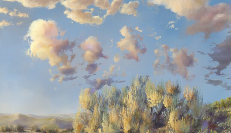 A painting of clouds above trees