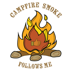 Graphic design of a campfire with text "campfire smoke follows me" surrounding the flame which includes a central hand symbol.