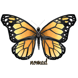 Illustration of a monarch butterfly with the word 'nomad' written beneath it.