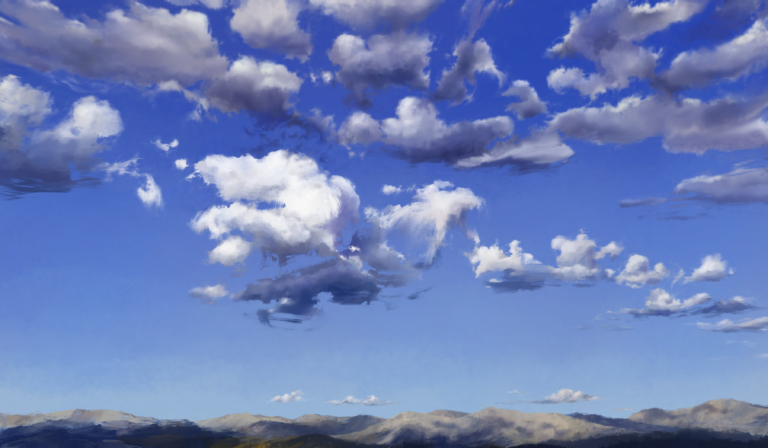 Blue sky with white fluffy clouds over mountains.