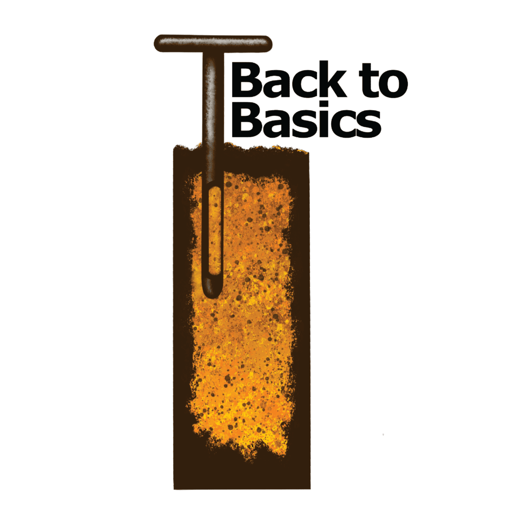 A graphic of a rusty trowel with the phrase "back to basics" overlaying it.