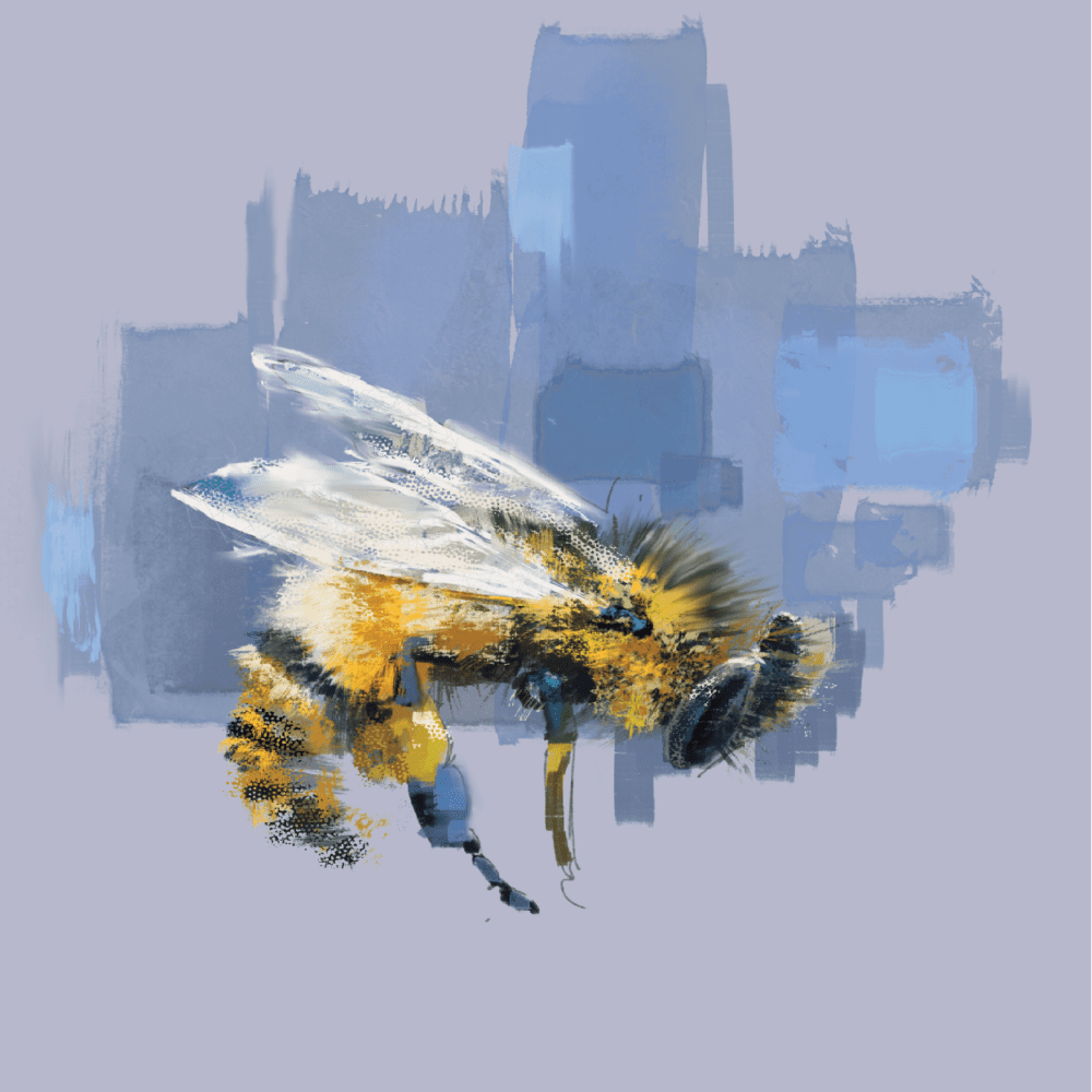 Abstract digital painting of a bee with expressive brush strokes on a muted blue background.