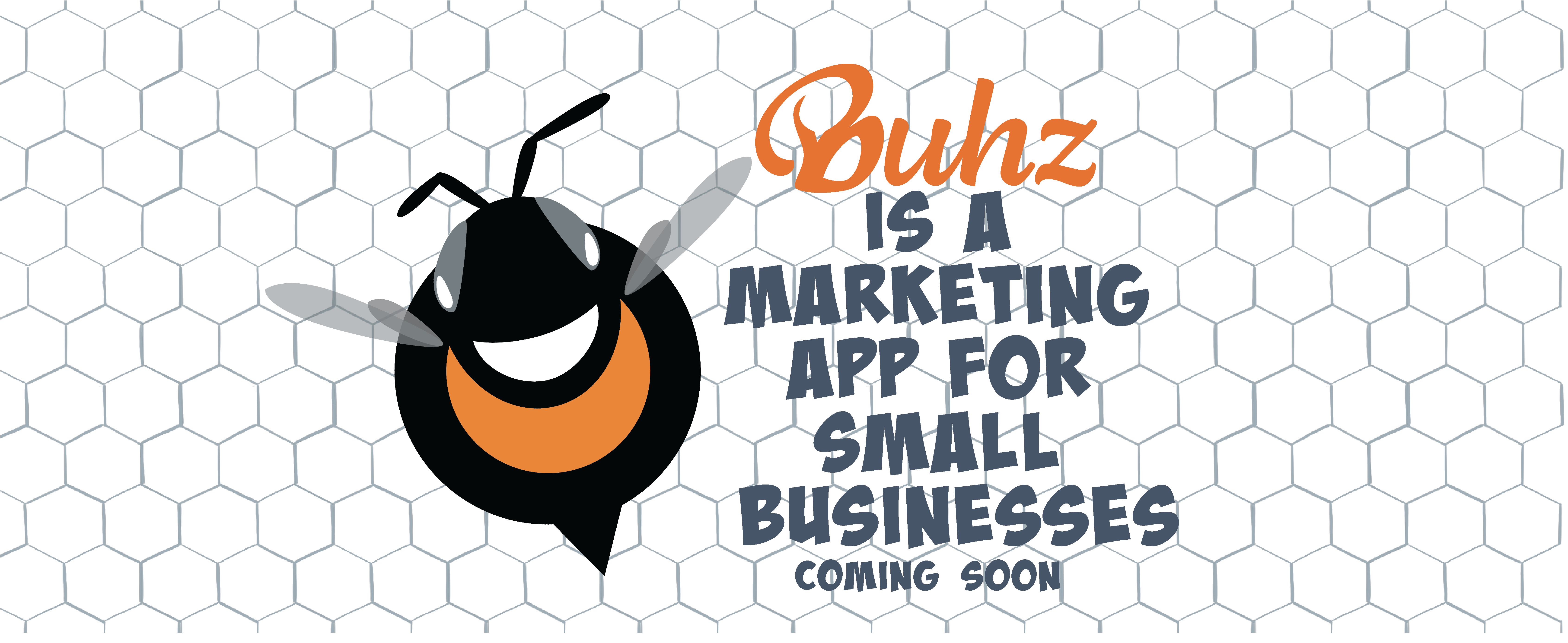 Graphic announcement featuring a stylized bee with the text "buzz is a marketing app for small businesses - coming soon.