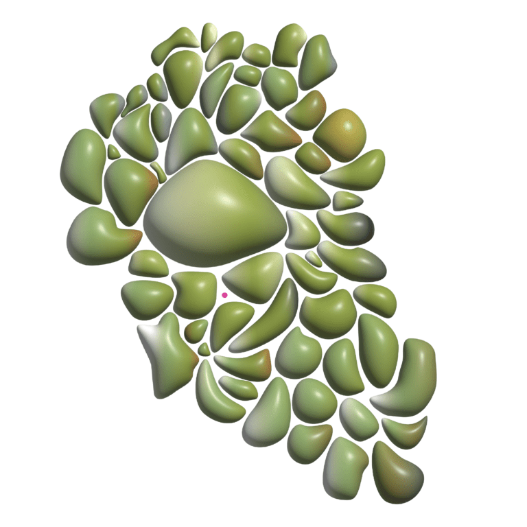 A 3d rendering of variously sized green pebbles clustered together, forming a compact group.