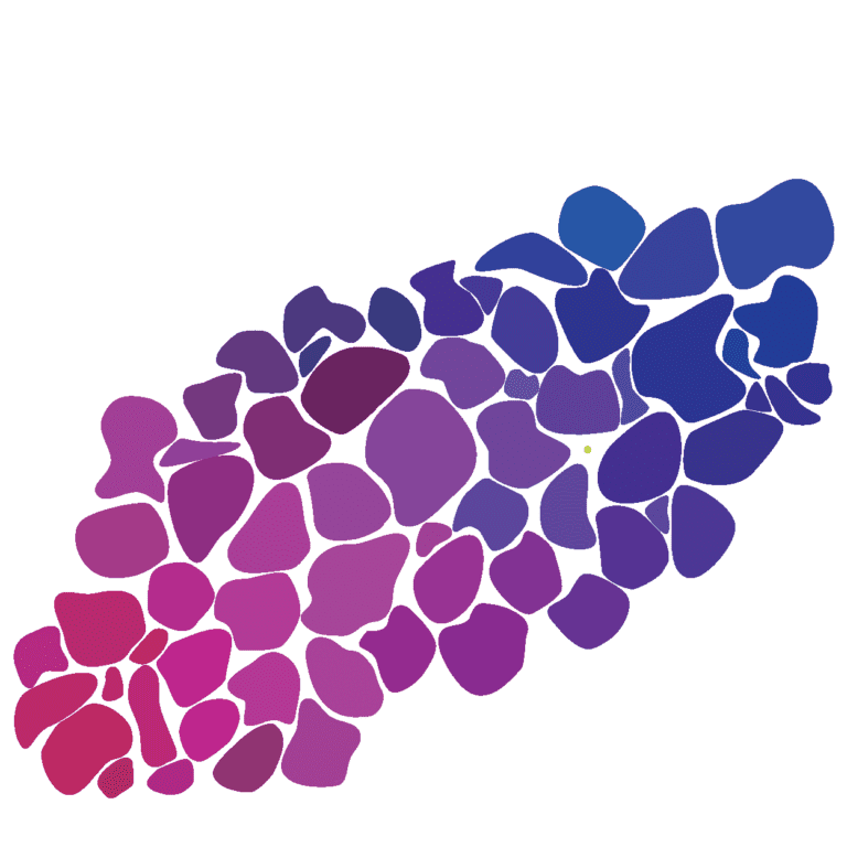 Gradient of purple to blue abstract pebble shapes arranged diagonally.