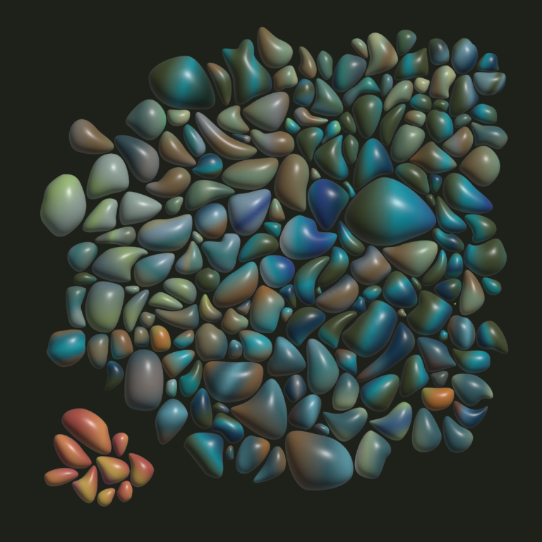 A collection of smooth, multi-colored pebble-like shapes against a black background.