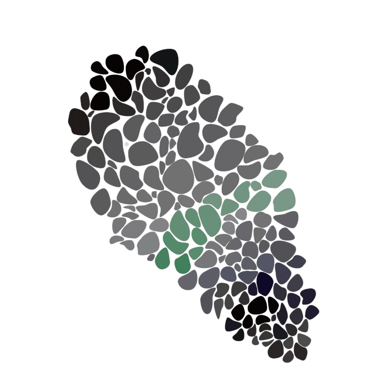 Abstract footprint design composed of multicolored pebble shapes.