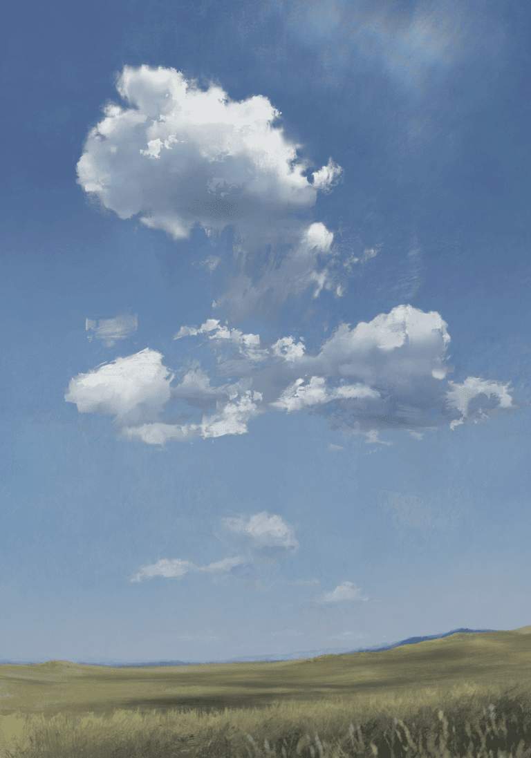 White clouds against a blue sky over a field.