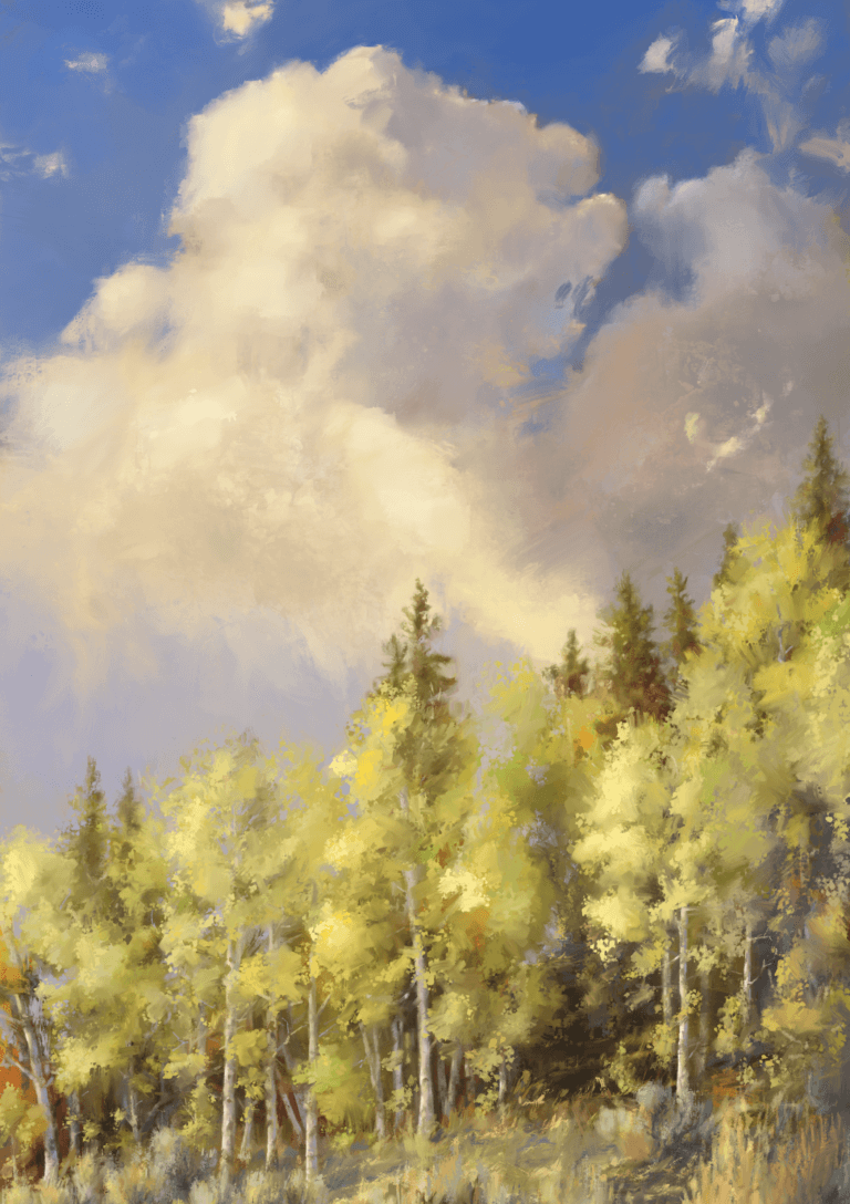 A painting of a forest with clouds.