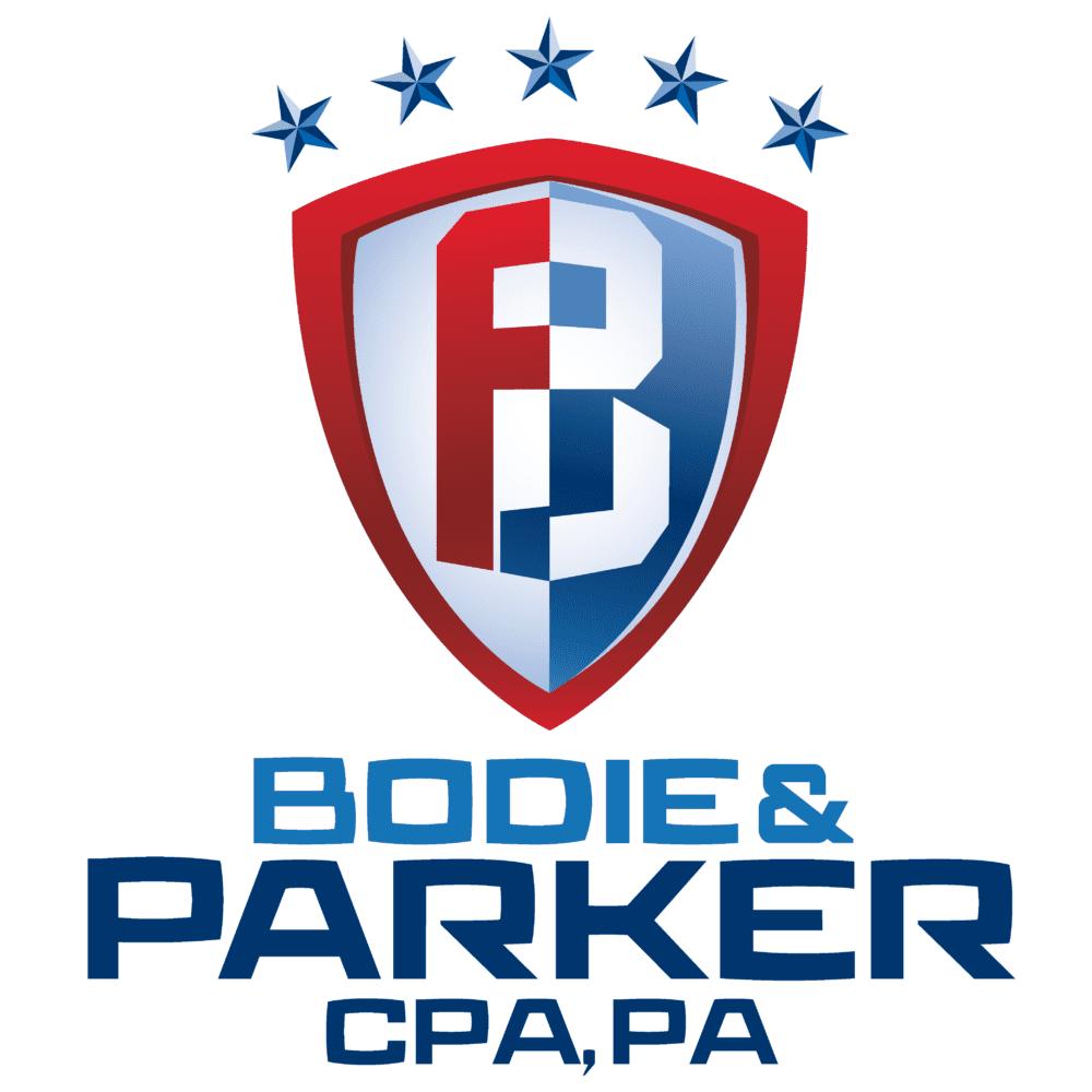 Logo of bodie & parker cpa, pa featuring a red and blue shield with initials 'b' and 'p' and five stars above.