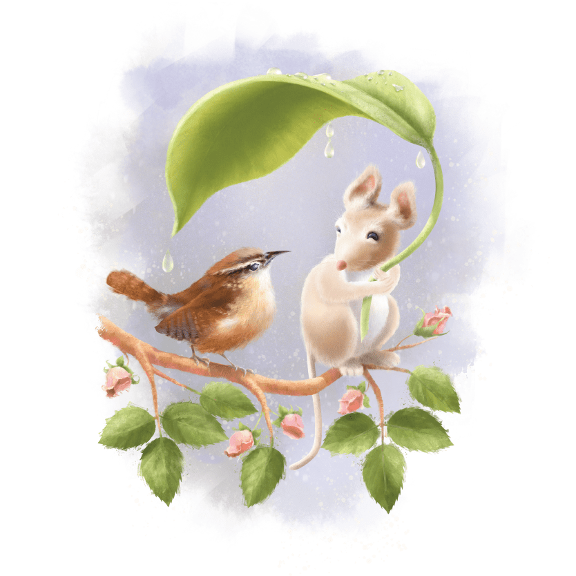 A mouse and a bird under a leaf.