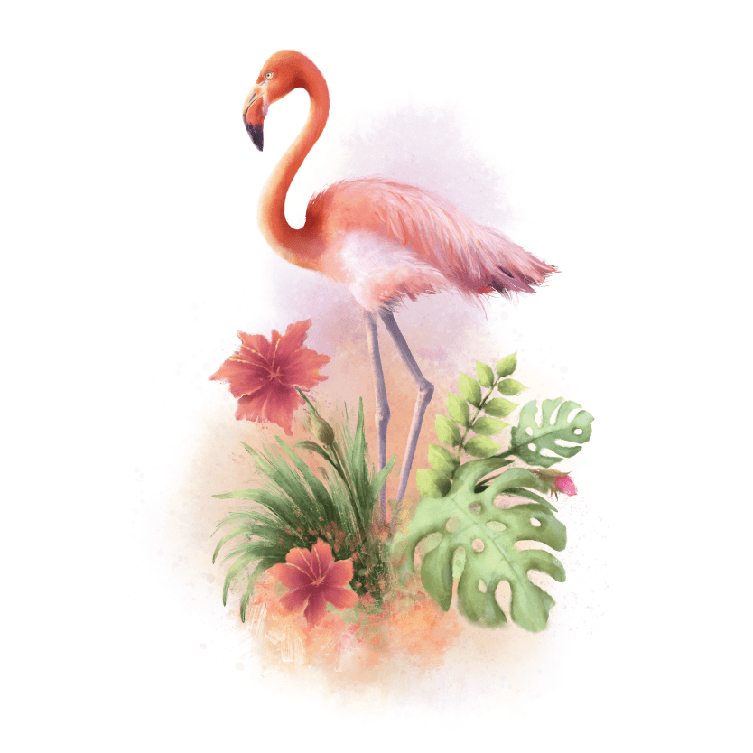 Pink flamingo standing in tropical foliage.