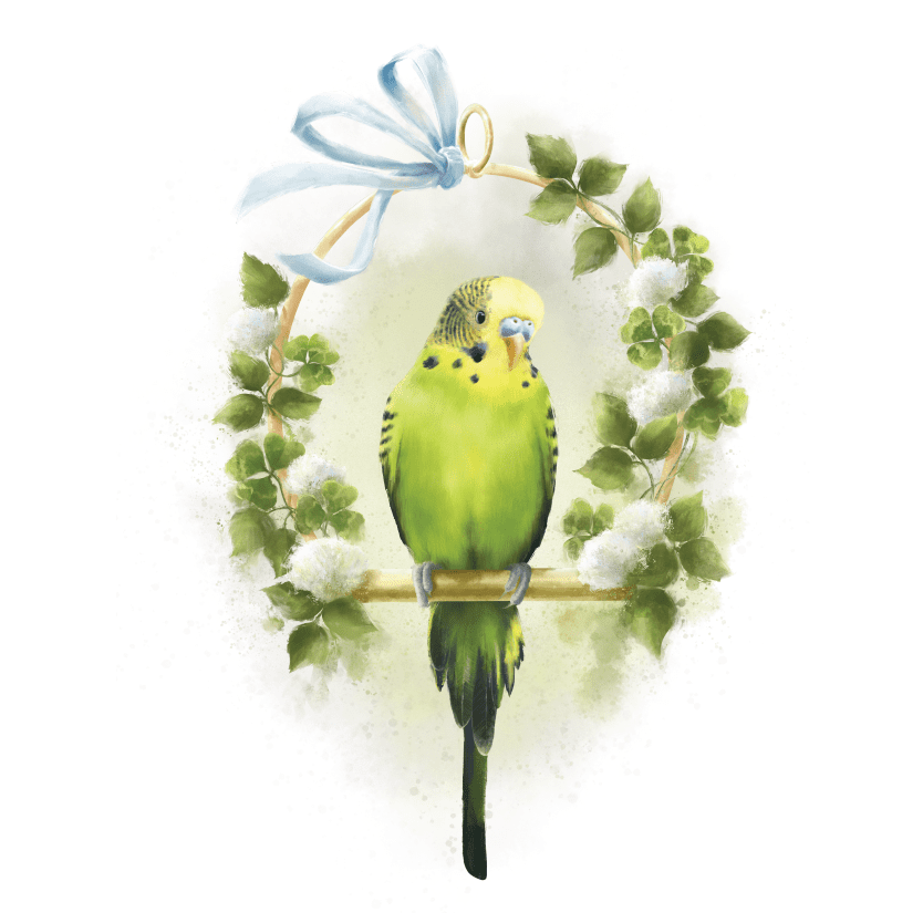 Green budgie perched on branch in wreath.